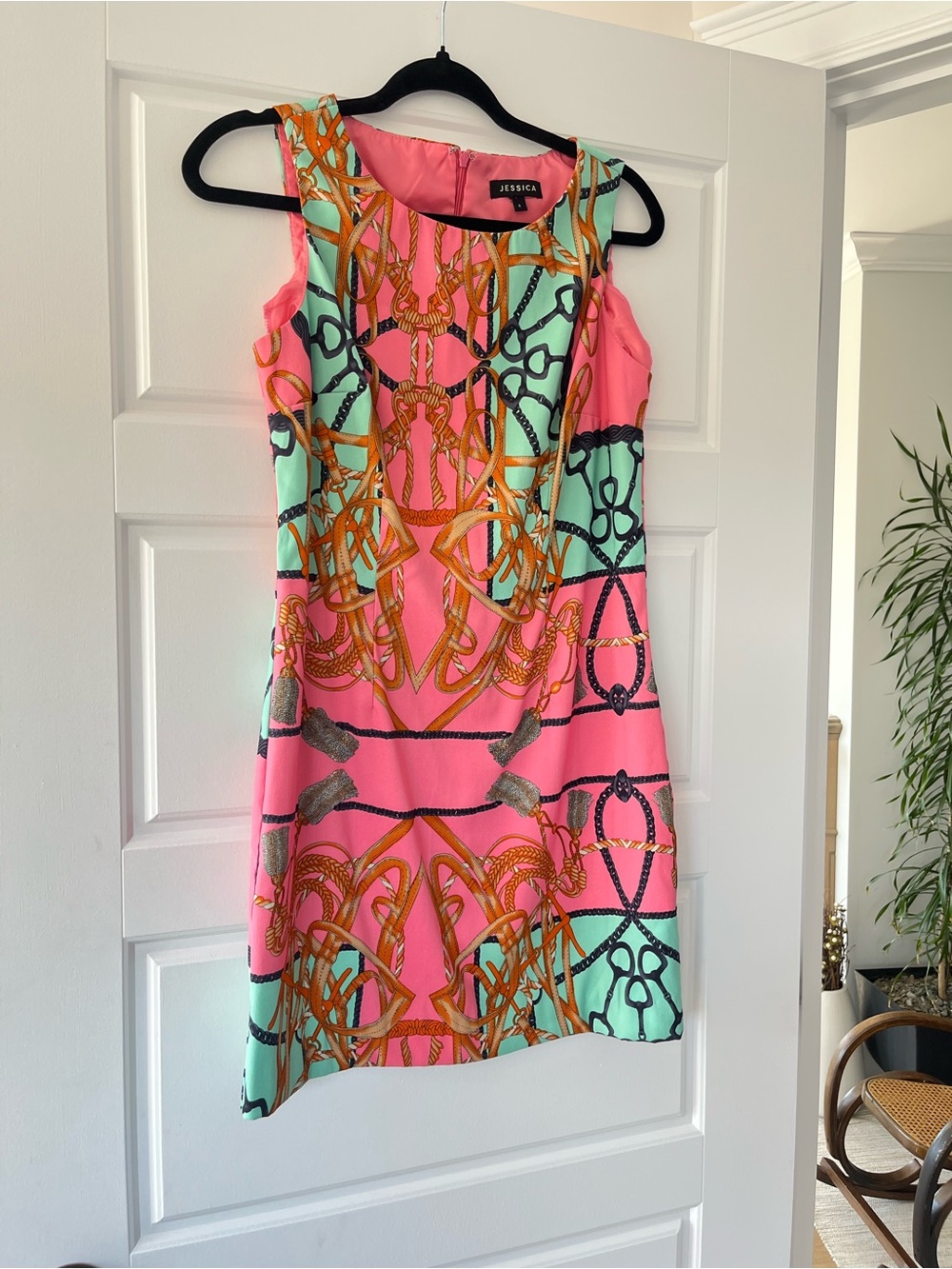 Jessica Coral Pink and Mint Rope-Print Sleeveless Mini Dress